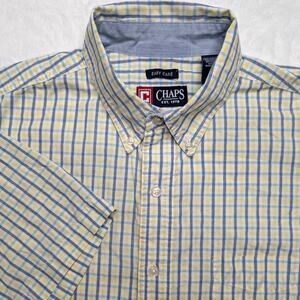 Chaps Easy Care Mens Short Sleeve Button Down Shirt - Large Plaid‎ Yellow Blue